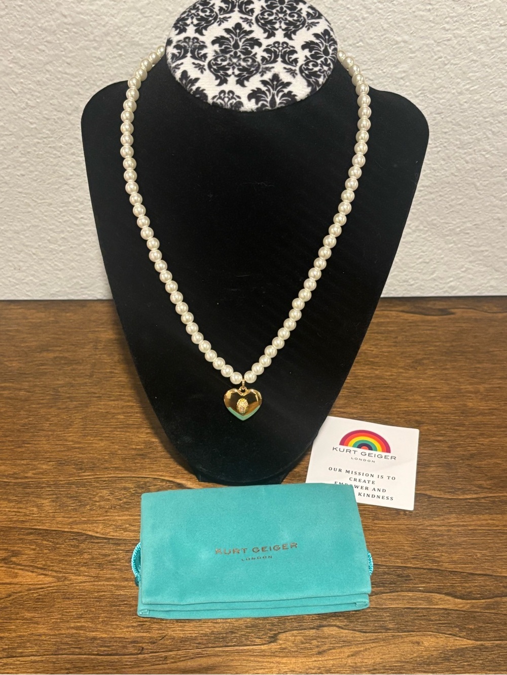 Kurt Geiger Cream Faux Pearl Necklace with Gold Heart Charm